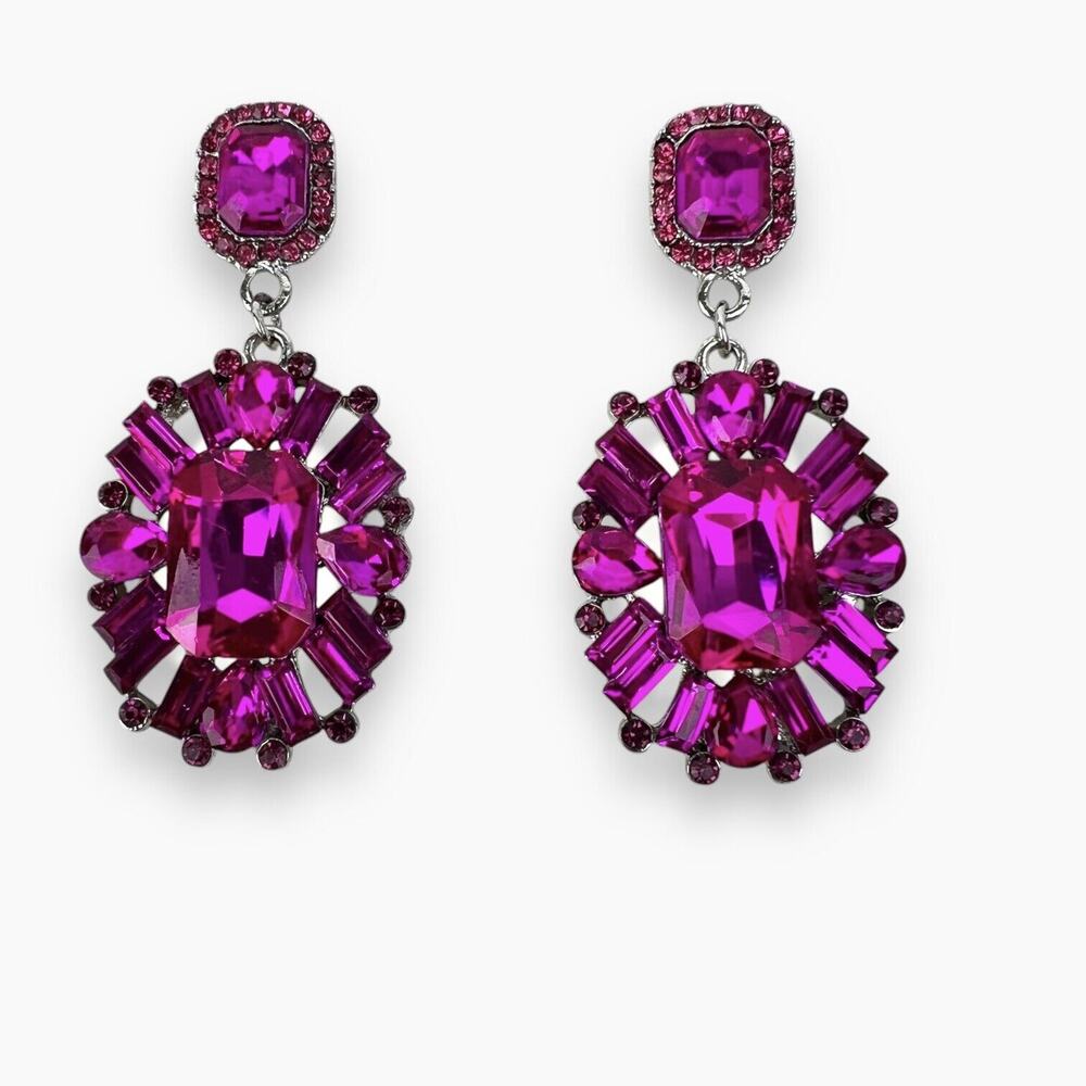 Fuchsia Rhinestone Dangle Earrings Pink Princess Baguette Silver Tone Sparkly